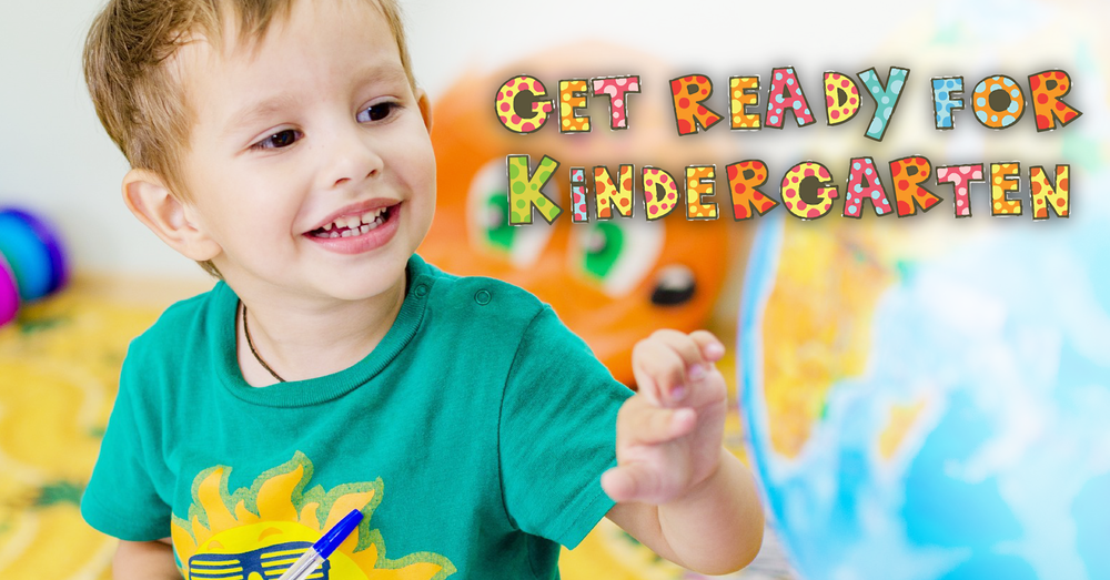 Student pointing at a globe. In text, "get ready for kindergarten"